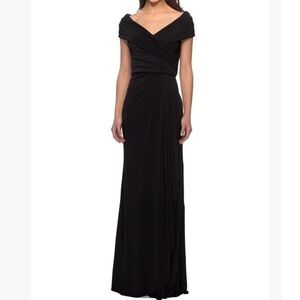 La Femme Elegant Off the Shoulder Evening Gown Black